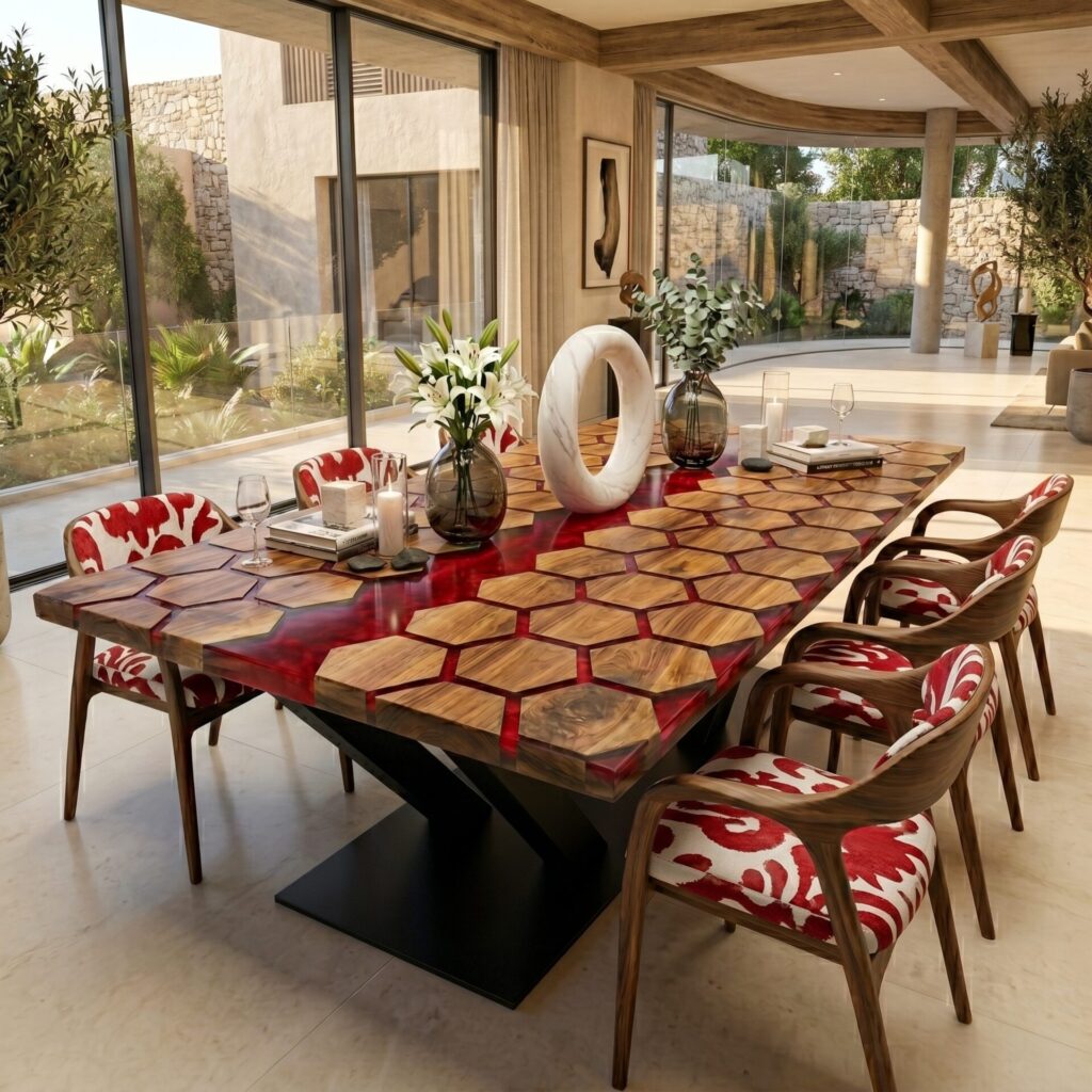 Table noyer en nid d'abeilles Époxy LumiHexa